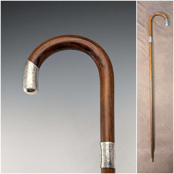 1921 年英國古董棕色手柄,彎曲手柄,純銀裝飾,手杖,92 厘米,J Howell & Co.