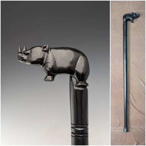 復古粗黑桿犀牛雕刻手柄手杖 83 厘米