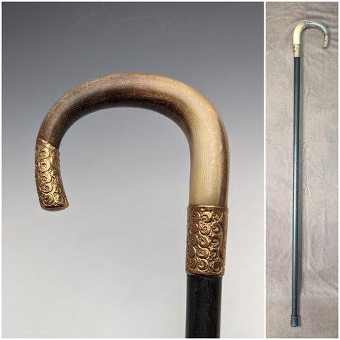 約 1914 年英國古董男士手杖角彎柄黑軸 85 厘米
