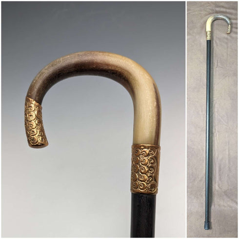 約 1914 年英國古董男士手杖角彎柄黑軸 85 厘米