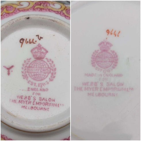 1920年代英國明頓茶杯碟,粉紅色雞蛇圖案,為邁耶商場量身訂製