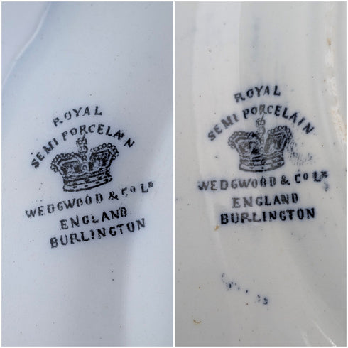 Pair of antique British Burlington pattern semi-porcelain lunch plates by Wedgwood & Co.