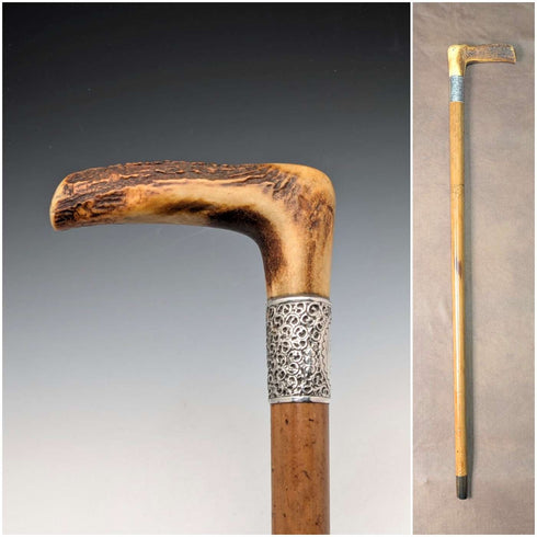 1901年英國古董馬六甲桿 L 型鹿角柄純銀裝飾手杖 88 公分亨利·豪威爾