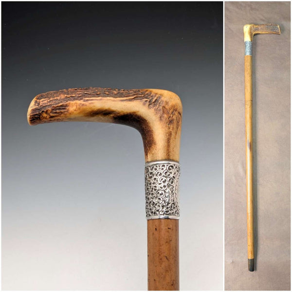 1901年英國古董馬六甲桿 L 型鹿角柄純銀裝飾手杖 88 公分亨利·豪威爾