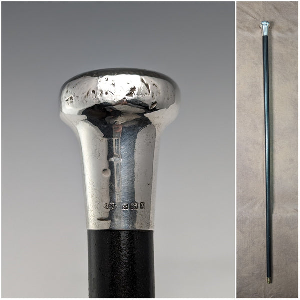 1924 British antique gentleman's walking stick, pure silver, round handle, black shaft, 87cm JH