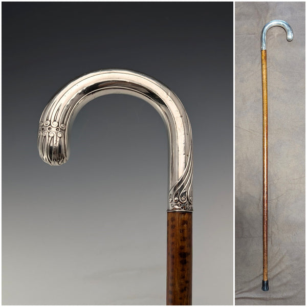 Circa 1900 Antique Men's 800 Silver Bent Handle Walking Stick 90cm