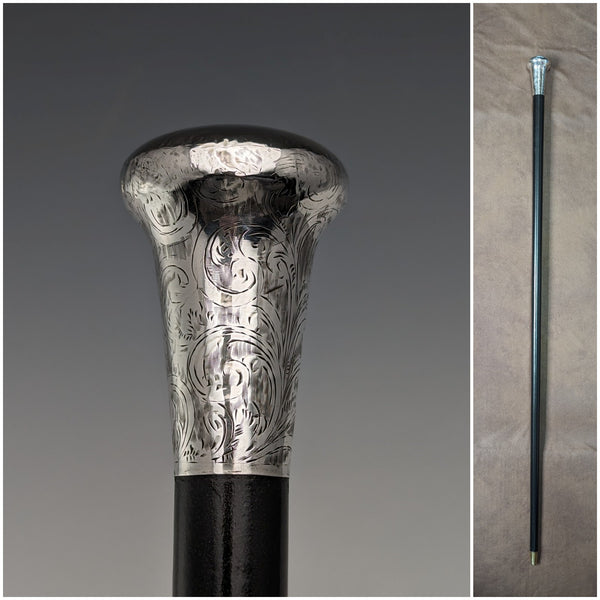 1922 British antique gentleman's walking stick, engraved pure silver, round handle, black shaft, 90cm TD