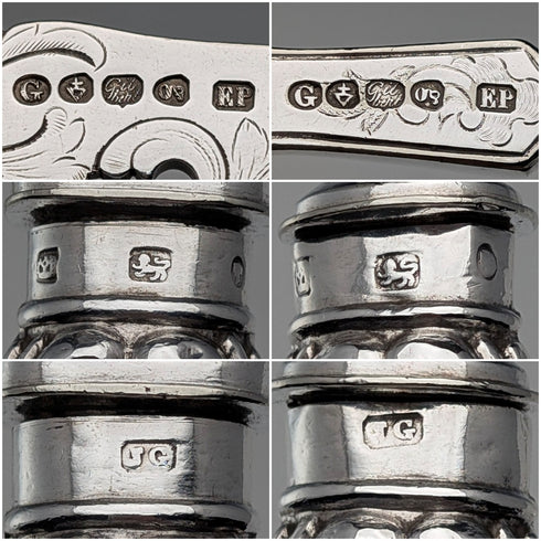 Circa 1852 British antique sterling silver handle fish server pair in case by John Gilbert