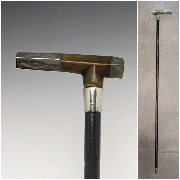 英國古董男士竹杖純銀裝飾牛角手拿包手柄 91 厘米