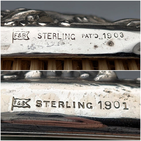 1900年頃 米国アンティーク 純銀アール・ヌーヴォー装飾 ヘアブラシ&ハンドミラー Foster&Bailey