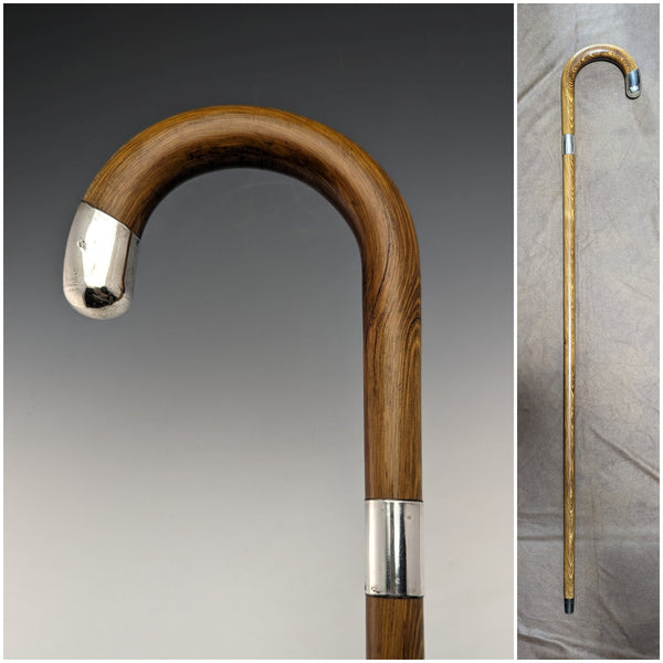 1926 British Vintage Men's Cane Sterling Silver Decoration Wood Grain Brown Shaft 92.5cm