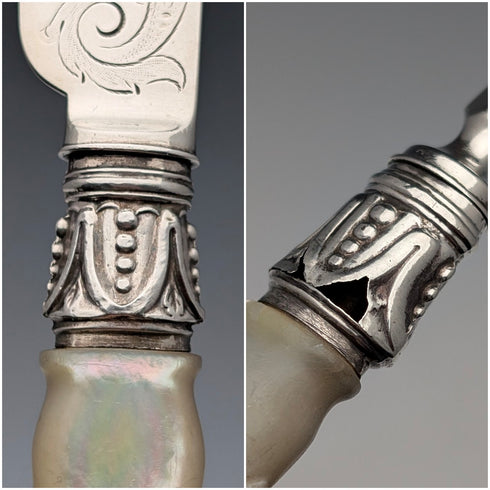 1865年 英国アンティーク 純銀ブレード&白蝶貝ハンドル デザートカトラリー6ペア 木箱入り Martin&Hall