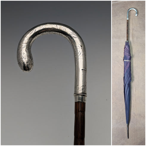 1914 British Antique Ladies Umbrella Sterling Silver Curved Handle 93cm