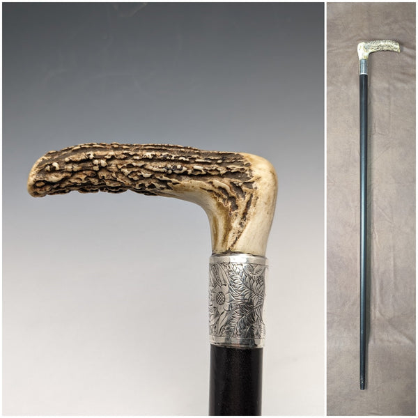 1890年 英国アンティーク 紳士用ステッキ L字アントラーハンドル 純銀装飾 ブラックシャフト 91cm