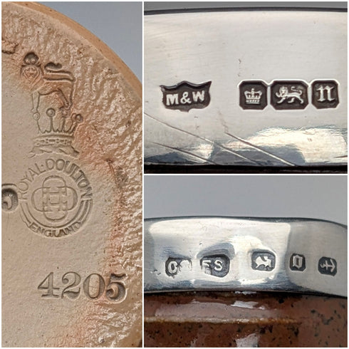 1900年頃 英国アンティーク 純銀装飾 陶器製マグカップ&ミニクリームジャグ Mappin&Webb