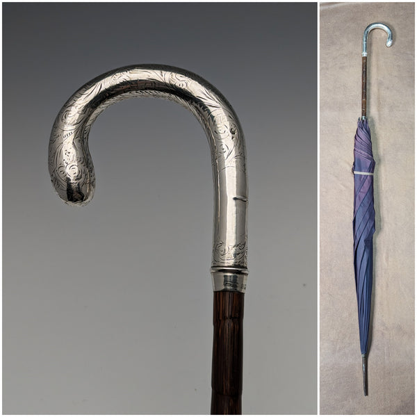 1914年 英国アンティーク レディース用アンブレラ  純銀曲がりハンドル 93cm