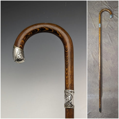 1922年 英國古董 紳士用手杖 茶色杖身 純銀浮雕裝飾 彎曲手柄 90cm