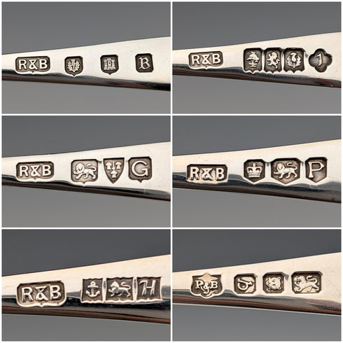 1957 年英國復古多標誌純銀茶匙 x6 共 80 克 Roberts&Belk 盒裝