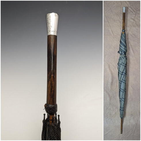 1932年 英國復古 紳士用雨傘 織紋 純銀製 圓形手柄 87cm