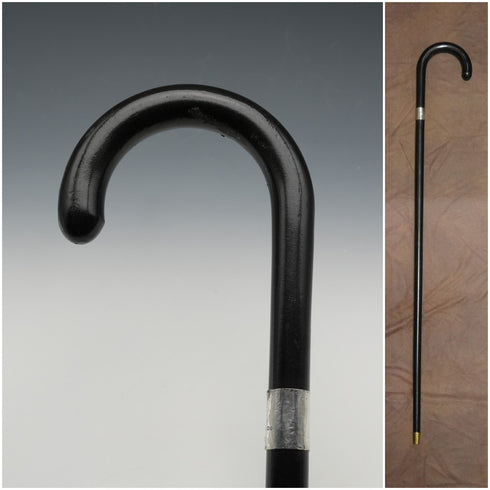 1935 British Vintage Black Shaft Sterling Silver Ornament Large Curved Handle Walking Stick Cane 88cm
