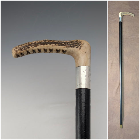 1914年 英国アンティーク ブラックシャフト L字アントラーハンドル 純銀装飾 ステッキ 杖 88cm