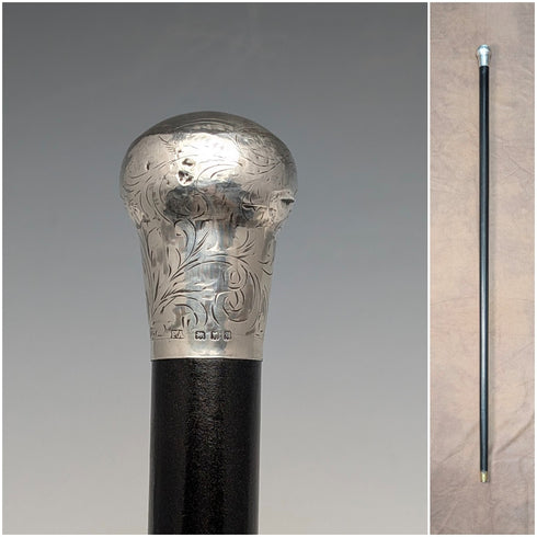 1919 British Antique Black Shaft Sterling Silver Carved Rondelle Handle Walking Stick, 88cm
