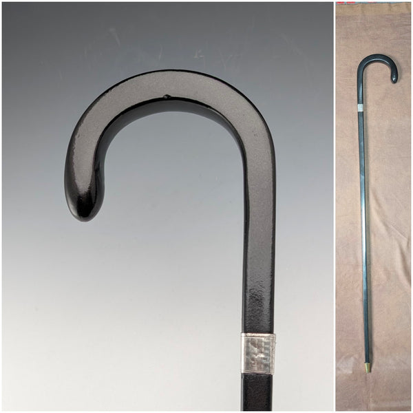 1934 British Vintage Square Shaft, Curved Handle, Sterling Silver Ornamented Walking Stick, 85cm, J Howell & Co.