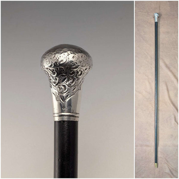 1916 English Antique Black Shaft Sterling Silver Rondel Handle Walking Stick 90cm