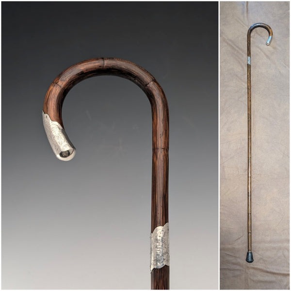 1910 British Antique Brown Shaft, Curved Handle, Pure Silver Decorated Lightweight Walking Stick, 90cm