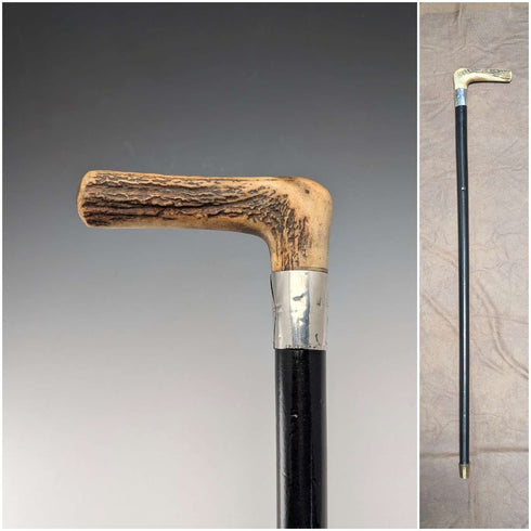 Antique black shaft, sterling silver embellishment, antler L-handle walking stick, 86cm