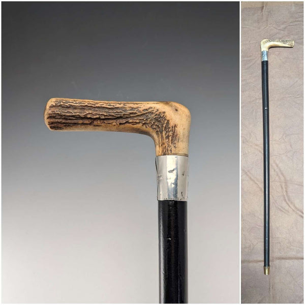 Antique black shaft, sterling silver embellishment, antler L-handle walking stick, 86cm