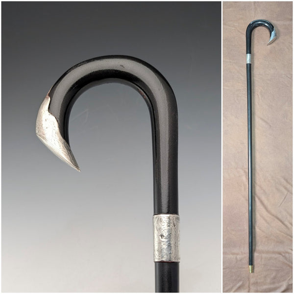 1903年英國古董黑軸彎柄純銀裝飾手杖92厘米