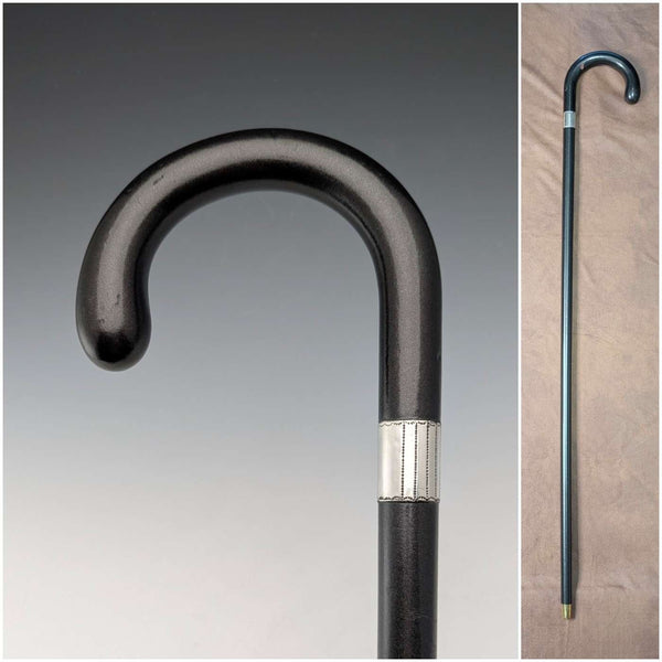 1927 British vintage black shaft, curved handle, pure silver decoration, walking stick, 88cm, J Howell & Co.