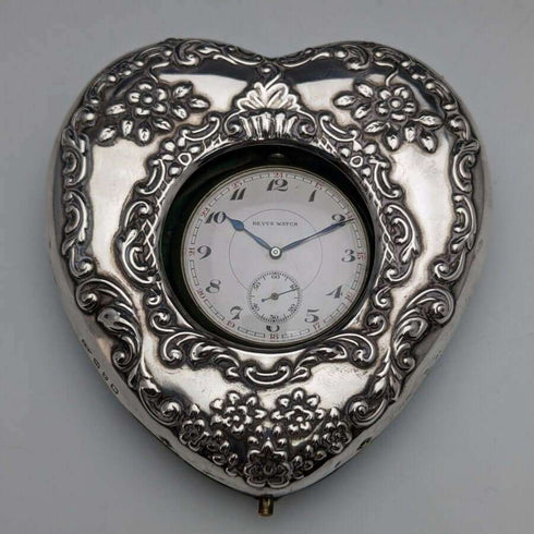 Around 1899 British Antique Heart-Shaped Sterling Silver Pocket Watch Holder with REVUE Pocket Watch