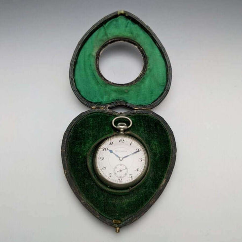 Around 1899 British Antique Heart-Shaped Sterling Silver Pocket Watch Holder with REVUE Pocket Watch