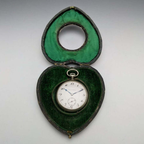 1899年頃 英国アンティーク ハート形純銀製懐中時計ホルダ REVUE懐中時計付き