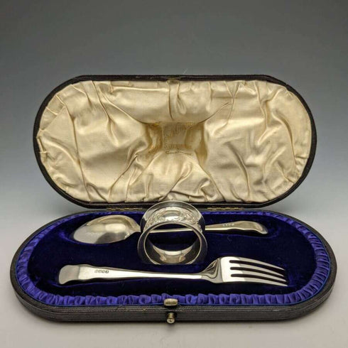 Juego de cubiertos de bautizo de plata chapada, antigüedades británicas, en estuche, WILLIAM ADAMS