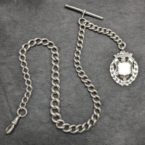 Cadena Albert de plata de ley (925) antigua inglesa, c. 1900, 56 g, con dije emblema de plata de ley