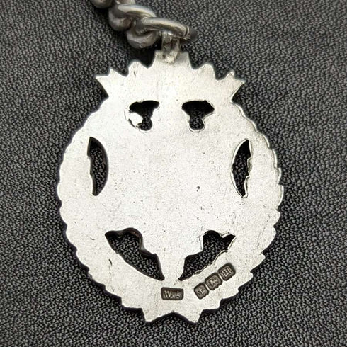 Cadena Albert de plata de ley (925) antigua inglesa, c. 1900, 56 g, con dije emblema de plata de ley