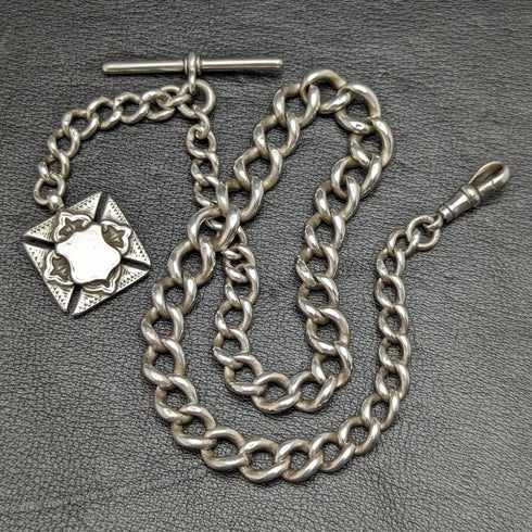 Around 1900 British Antique Pure Silver (925 Silver) Albert Chain Extra Thick 73g Pure Silver Double Sided Fob