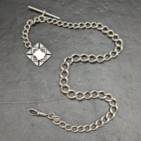 Around 1900 British Antique Pure Silver (925 Silver) Albert Chain Extra Thick 73g Pure Silver Double Sided Fob