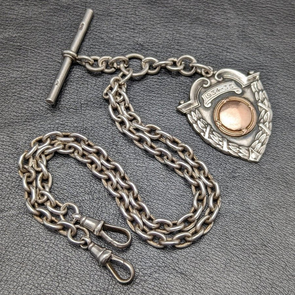 1920年頃 英国アンティーク 純銀(925シルバー)ダブルアルバートチェーン 52g 純銀エンブレムフォブ