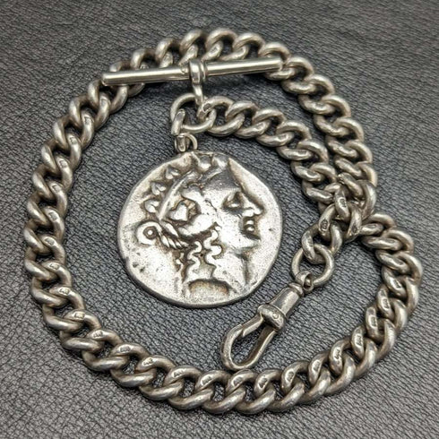 1900 年左右英國古董純銀(925 銀)Albert Chain 62 克羅馬銀 Fob
