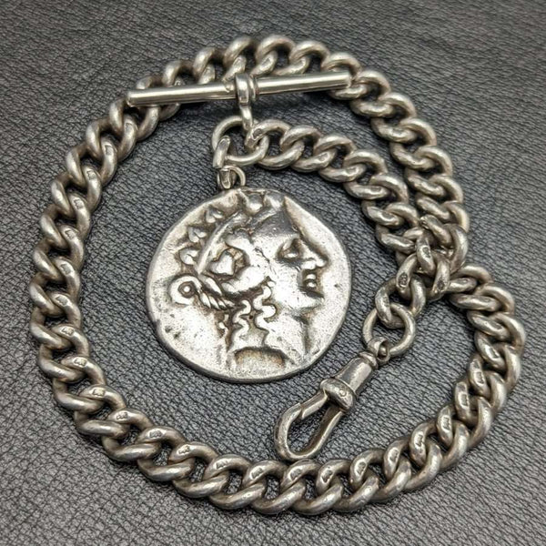1900 年左右英國古董純銀(925 銀)Albert Chain 62 克羅馬銀 Fob