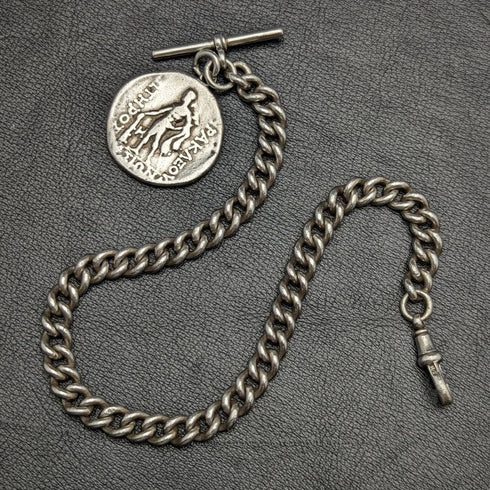 Around 1900 British Antique Pure Silver (925 Silver) Albert Chain 62g Roman Silver Fob
