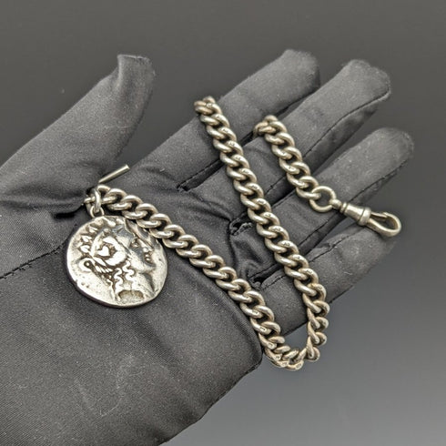 Around 1900 British Antique Pure Silver (925 Silver) Albert Chain 62g Roman Silver Fob