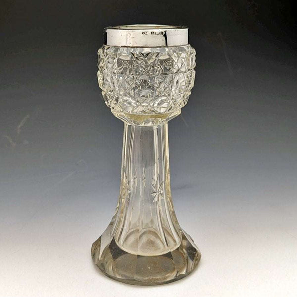 1910年 英国古董 纯银装饰 切割玻璃花瓶 383g C C May & Sons