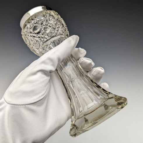 1910年 英国アンティーク 純銀装飾 カットグラス 花瓶 383g C C May & Sons