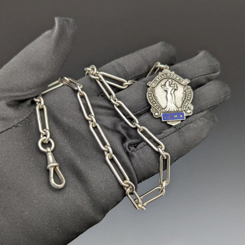 1920年頃 英国アンティーク 純銀(925シルバー)アルバートチェーン 37g メダルフォブ
