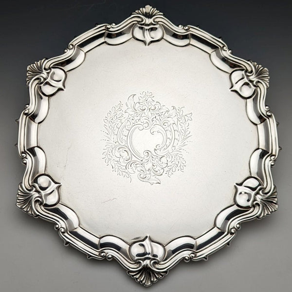 1904 British Antique Pure Silver (925 Silver) Salva Diameter 24.5cm 454g William Hutton